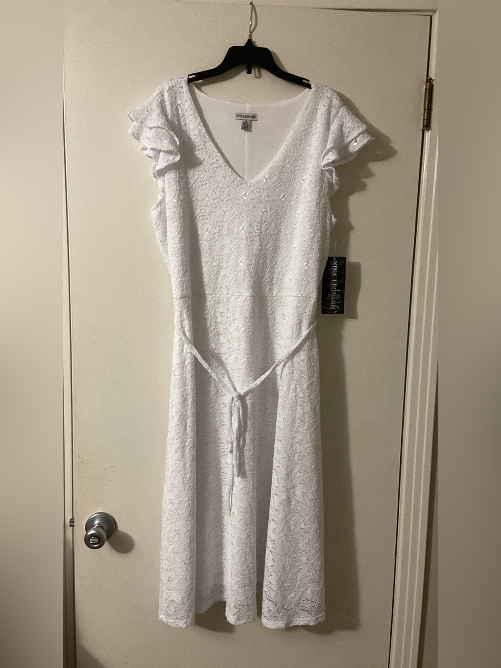 Nina Leonard Collection White Lace V-Neck Midi Dress with Tie